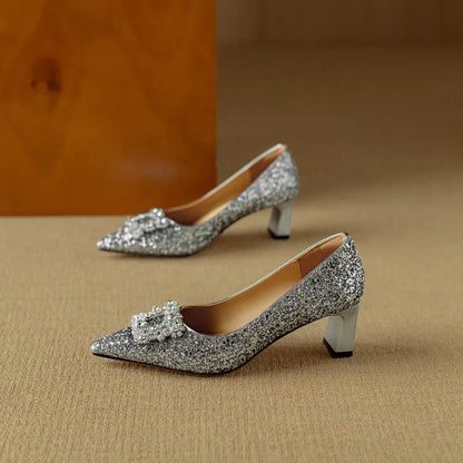 Hope | Women's Glitter Block Heel Pumps Pointed Toe Crystal Buckle