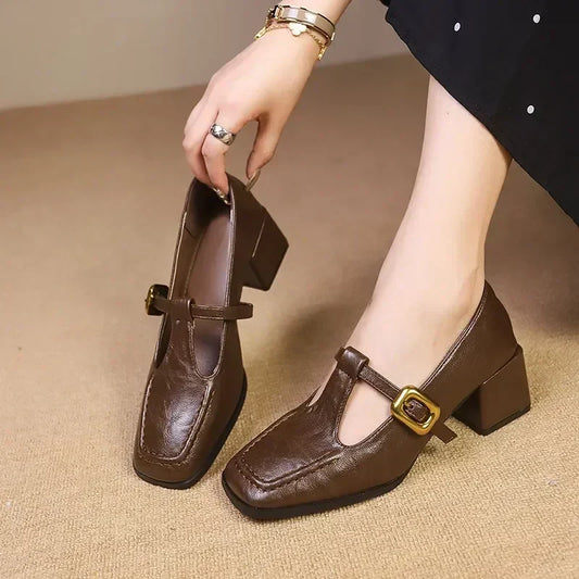 Katerina2™ | Women's Square Toe Mary Jane Heels Block Heel Gold Buckle