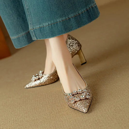 Hope2™ | Women's Glitter Block Heel Pumps Pointed Toe Crystal Buckle