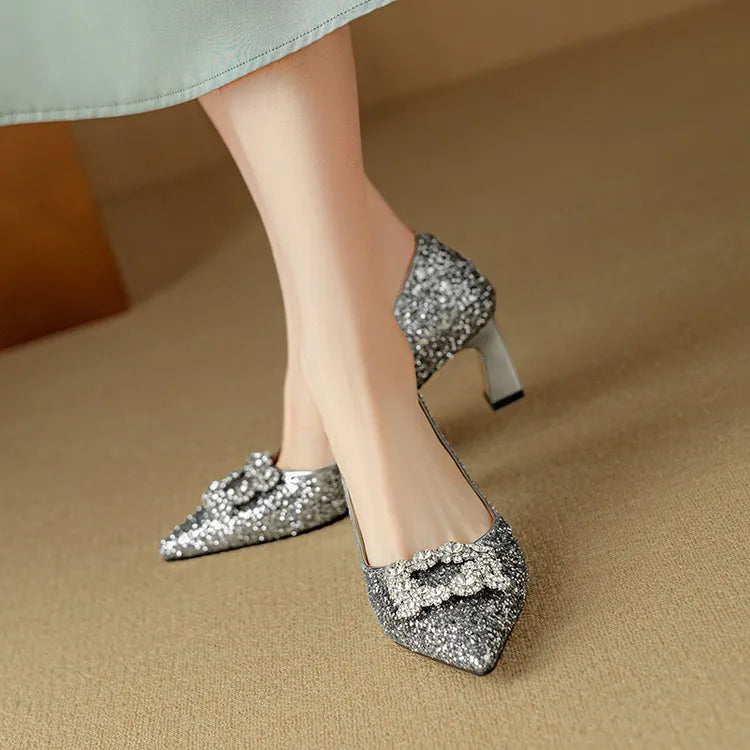 Hope | Women's Glitter Block Heel Pumps Pointed Toe Crystal Buckle