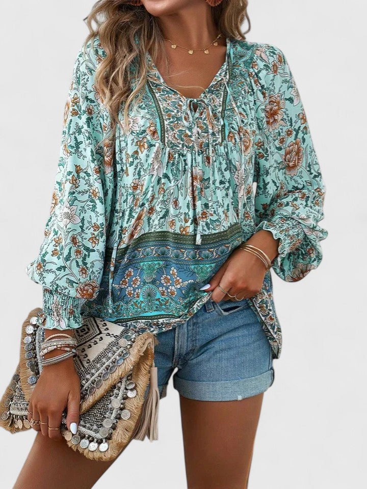 Stefanie | Women's Floral Boho Blouse V-Neck Puff Sleeve Top
