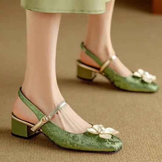 Janelle™ | Women's Floral Slingback Pumps Square Toe Block Heel Shoes