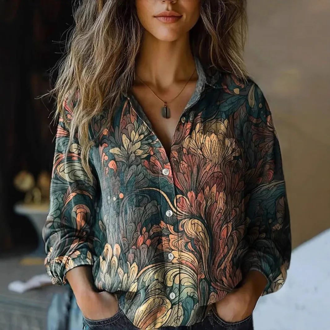 Yarri | Women's Vintage Floral Print Long Sleeve Button-Down Shirt