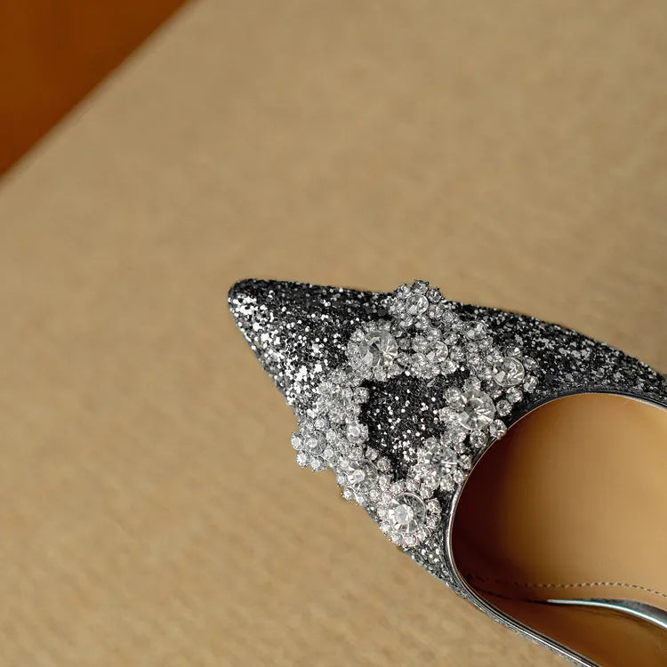 Hope | Women's Glitter Block Heel Pumps Pointed Toe Crystal Buckle