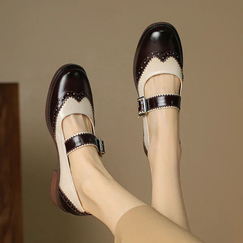 Antigone | Women's Two-Tone Leather Mary Jane Shoes Brogue T-Strap