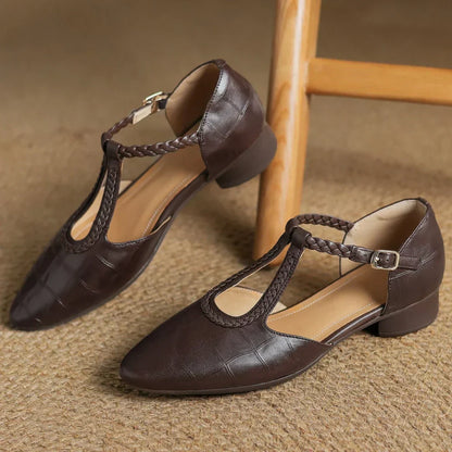 Miranda | Women's Leather T-Strap Mary Jane Flats Pointed Toe Flat