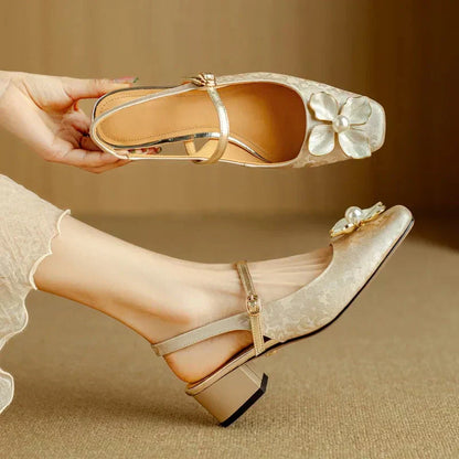 Janelle | Women's Floral Slingback Pumps Square Toe Block Heel Shoes