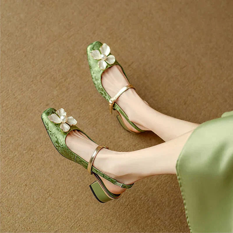 Janelle | Women's Floral Slingback Pumps Square Toe Block Heel Shoes