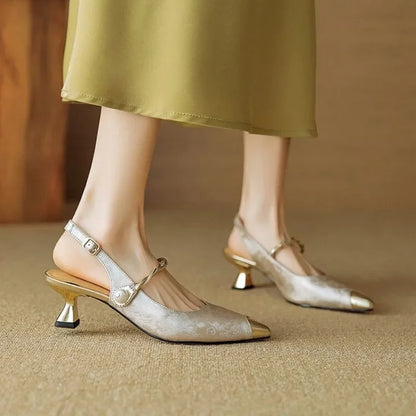June | Women's Pearl Strap Slingback Kitten Heels Pointed Toe Pumps