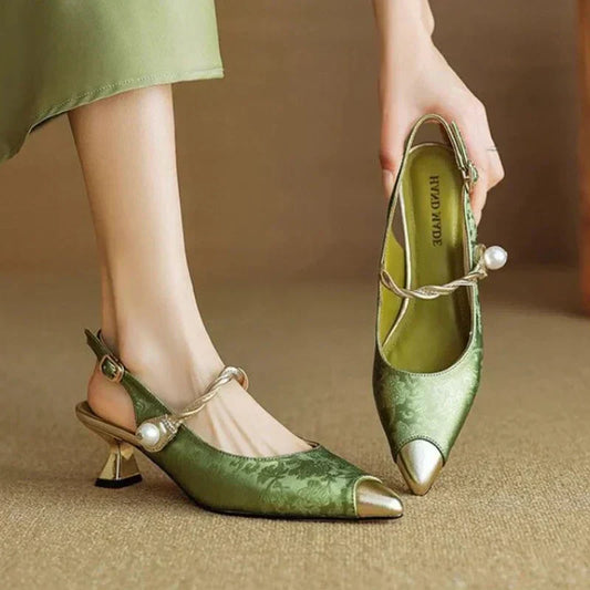 June™ | Women's Pearl Strap Slingback Kitten Heels Pointed Toe Pumps