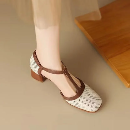 Gwendolyn | Women's T-Strap Block Heel Shoes Square Toe Mid Heel Pumps