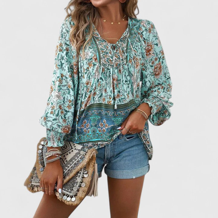 Stefanie | Women's Floral Boho Blouse V-Neck Puff Sleeve Top