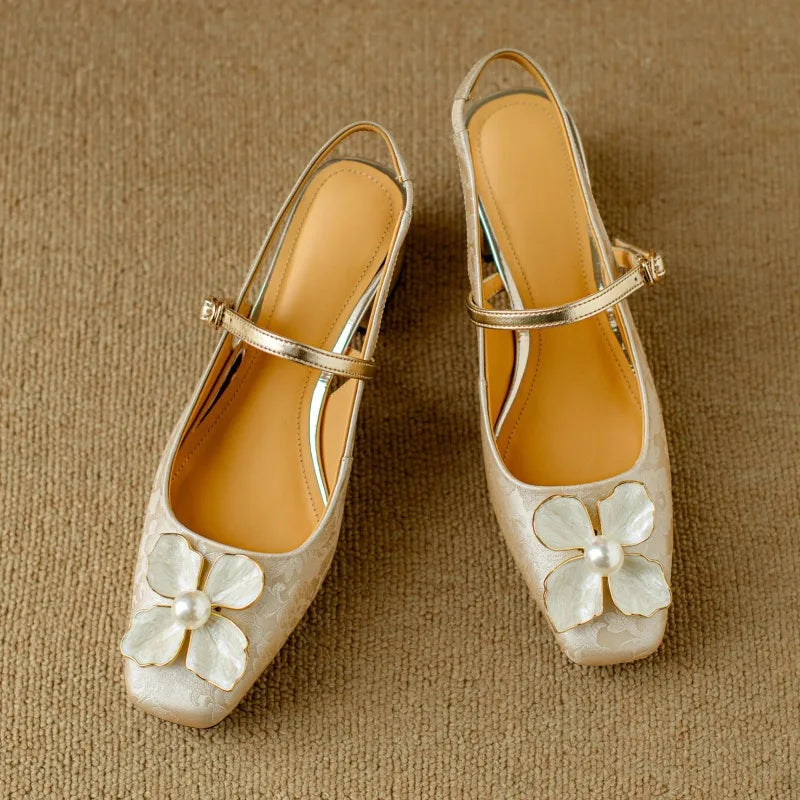 Janelle | Women's Floral Slingback Pumps Square Toe Block Heel Shoes