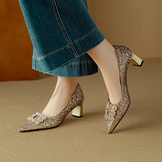 Hope2™ | Women's Glitter Block Heel Pumps Pointed Toe Crystal Buckle