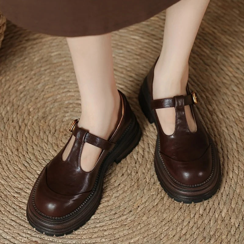 Wanda | Women's T-Bar Mary Jane Shoes Round Toe Brogue Low Heel