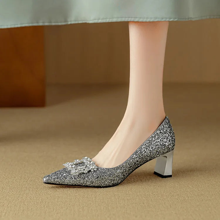Hope | Women's Glitter Block Heel Pumps Pointed Toe Crystal Buckle