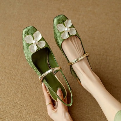 Janelle | Women's Floral Slingback Pumps Square Toe Block Heel Shoes