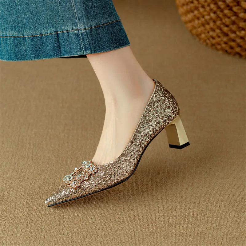 Hope | Women's Glitter Block Heel Pumps Pointed Toe Crystal Buckle