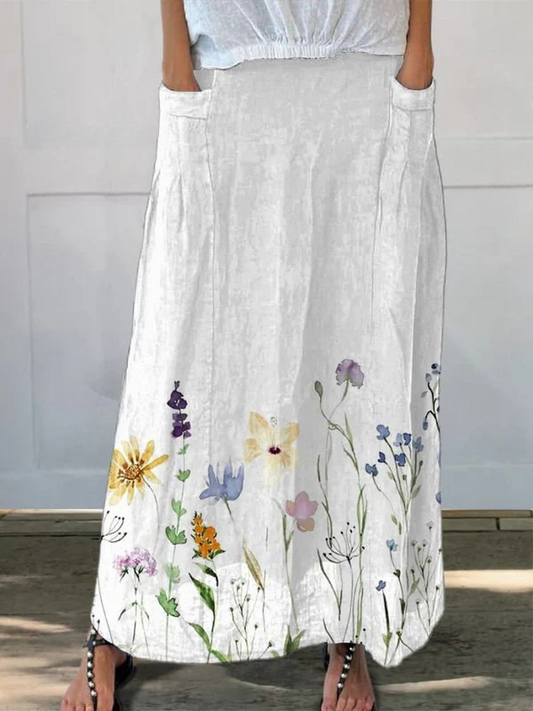 Catrin™ | Watercolor Spring Meadows Art Printed Elastic waistband Pocket Skirt