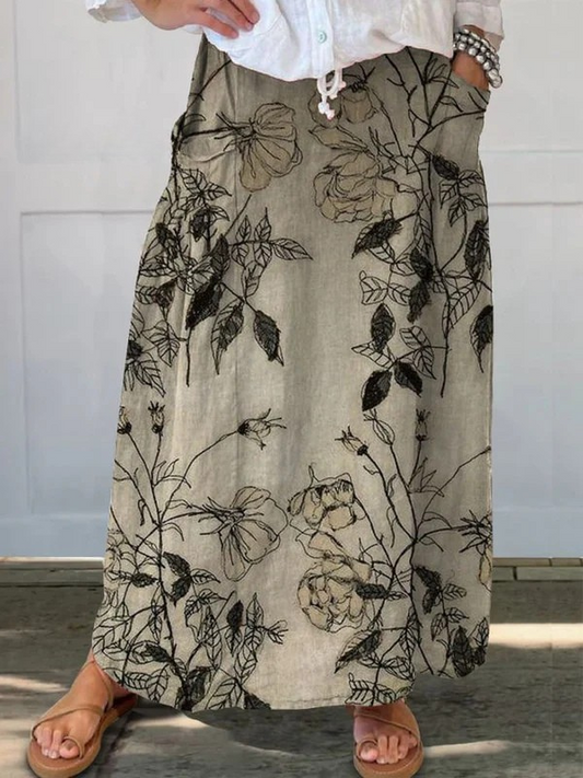 Sharni | Retro Floral Art Elastic waistband Pocket Skirt