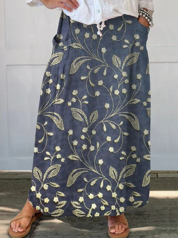 Olwen™ | Retro Floral Art Elastic waistband Pocket Skirt