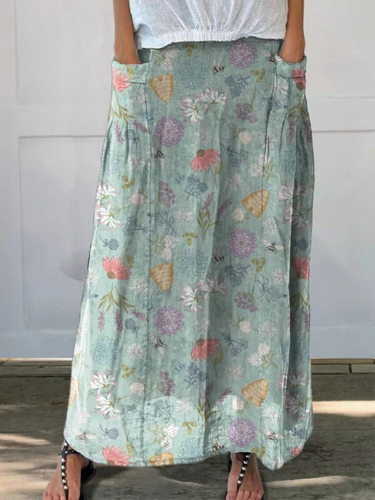 Laura | Blooming Spring Floral And Bumble Bee Pattern Printed Pocket Skirt