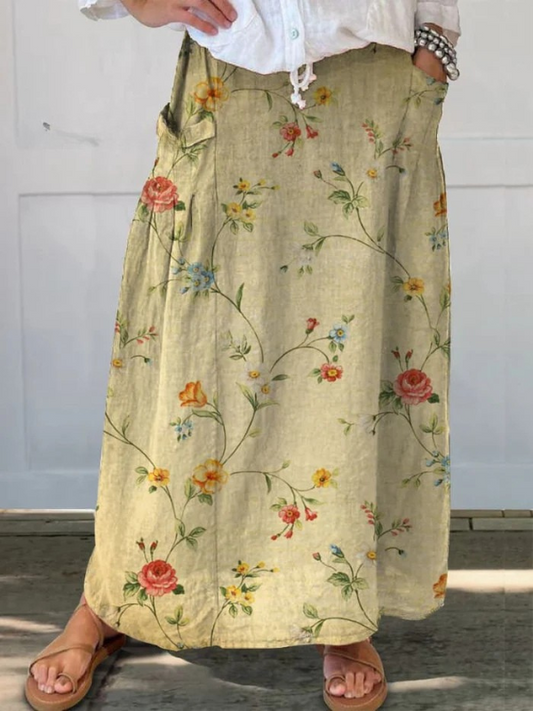 Brittany2™ | Retro Elegant Floral Art Elastic waistband Pocket Skirt