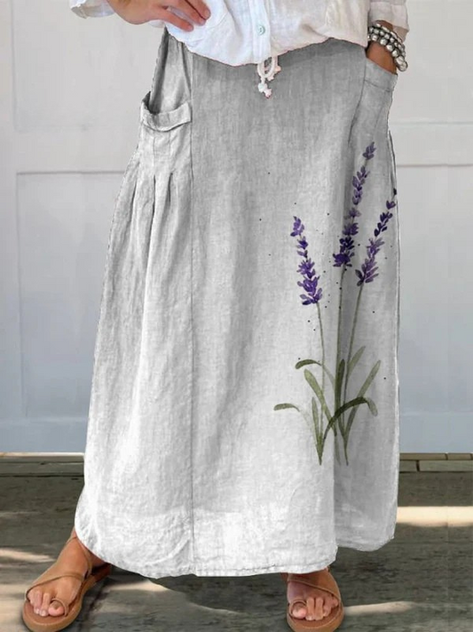 Jennifer2™ | Watercolor Lavender Floral Printed Elastic waistband Pocket Skirt