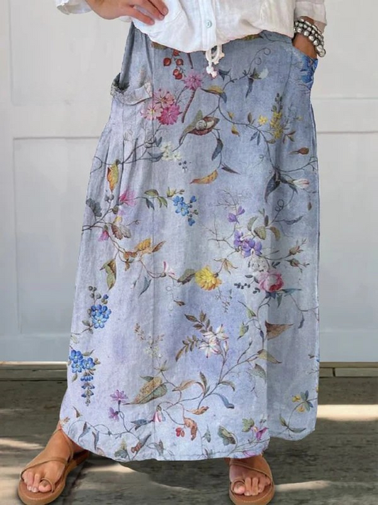 Patience™ | Elegant Vintage Blue Print Pocket Skirt