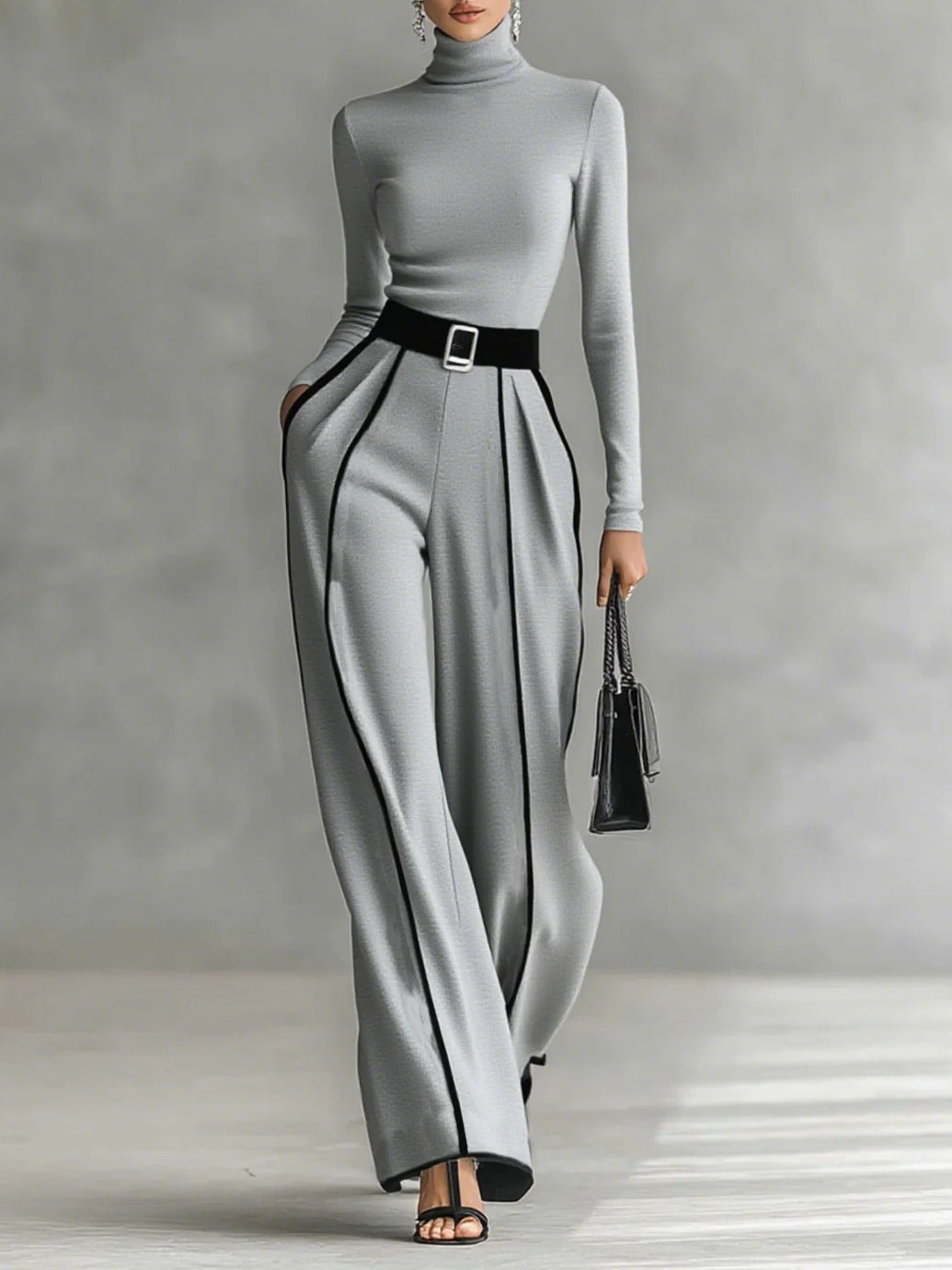 Linda | Wide-Leg Pants & High-Neck Belted Top Set