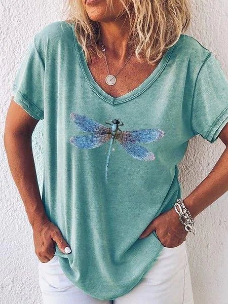 Myfanwy | Women's Dragonfly Print V-Neck Short Sleeve Everyday Tee