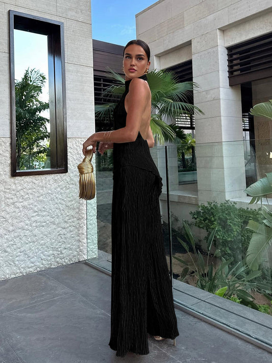 Serena | Women's Wide Leg Pants & Pleated Halter Top Set