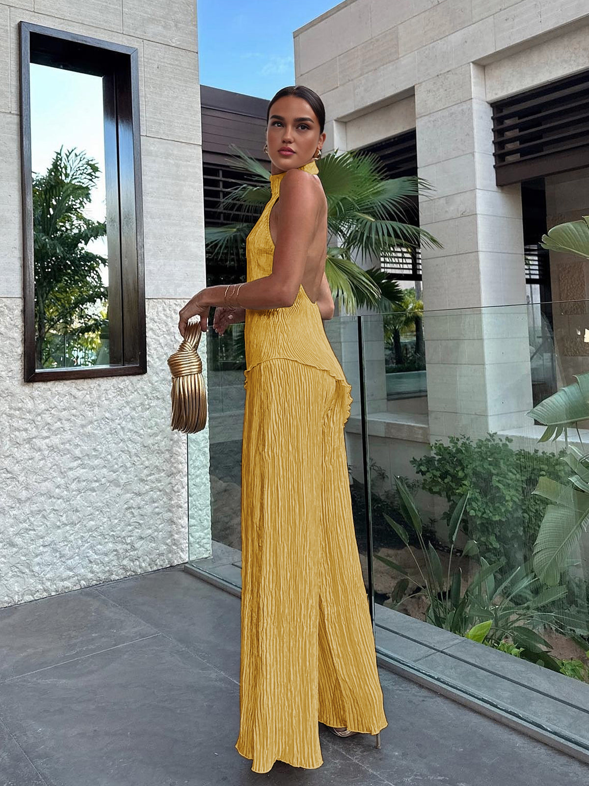 Serena | Women's Wide Leg Pants & Pleated Halter Top Set