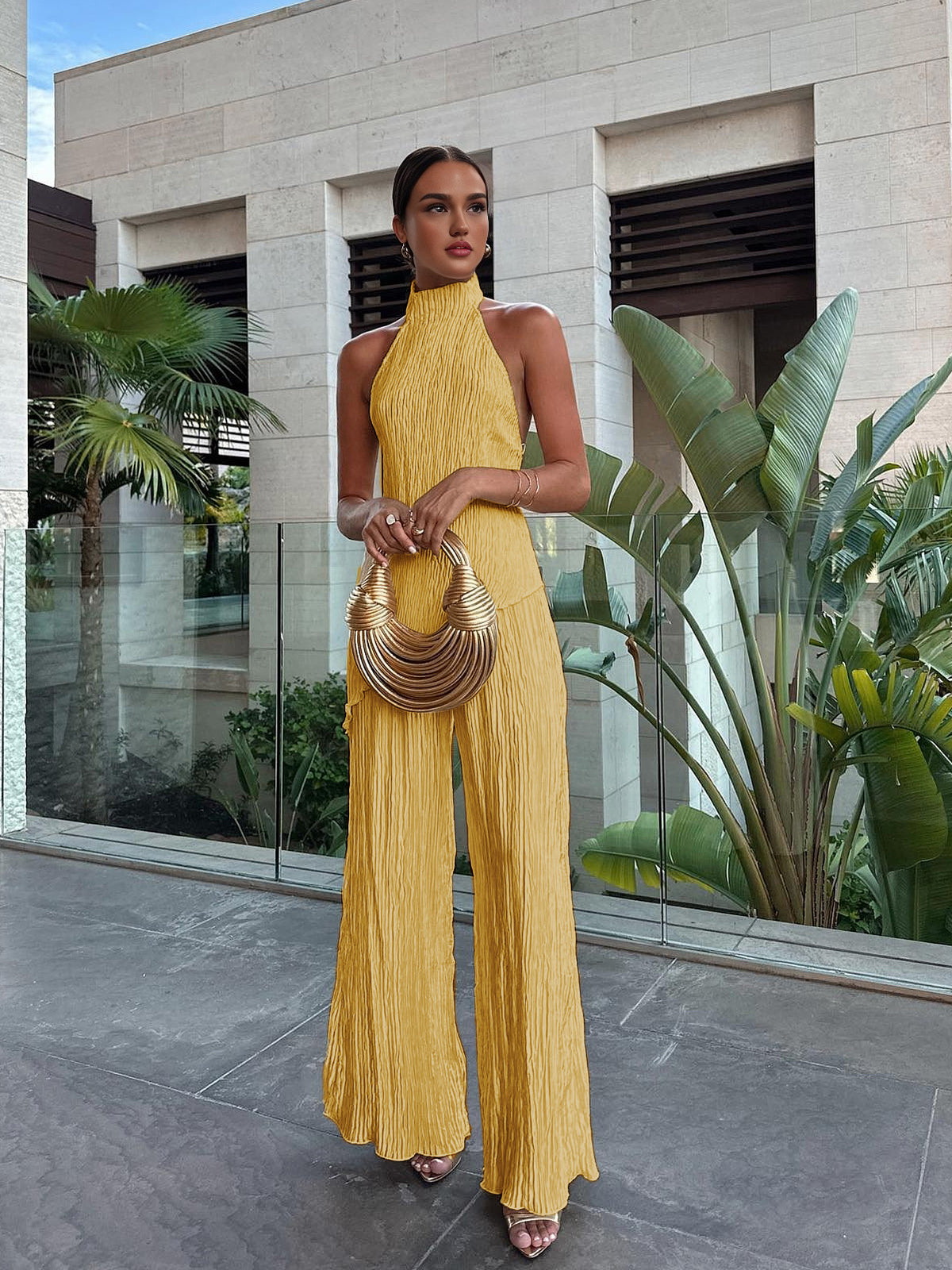 Serena | Women's Wide Leg Pants & Pleated Halter Top Set
