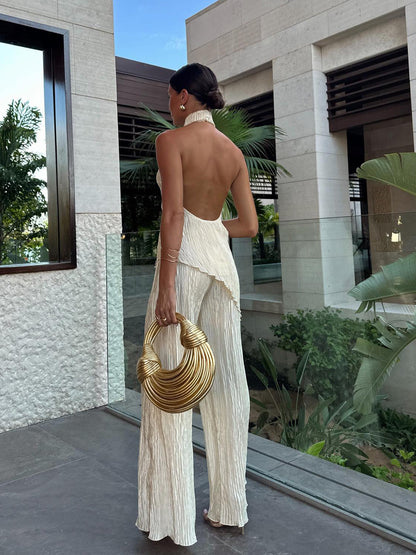 Serena | Women's Wide Leg Pants & Pleated Halter Top Set
