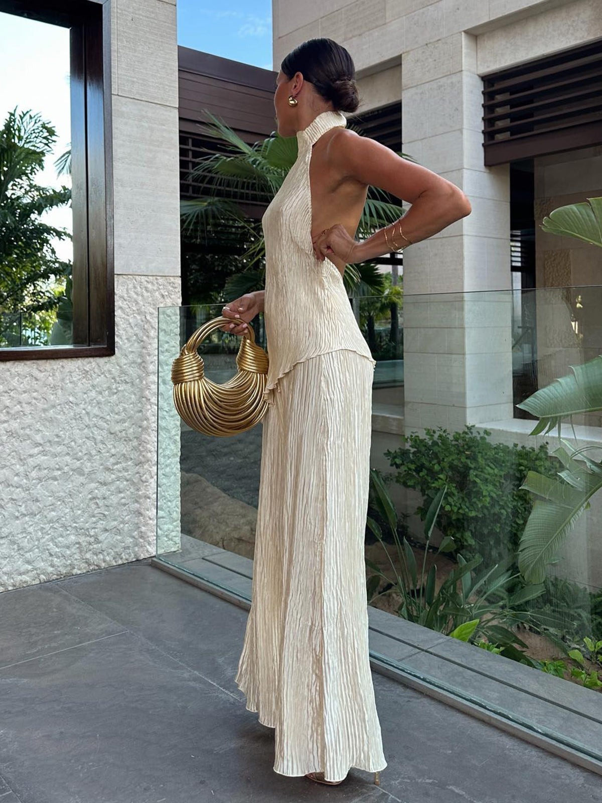 Serena | Women's Wide Leg Pants & Pleated Halter Top Set