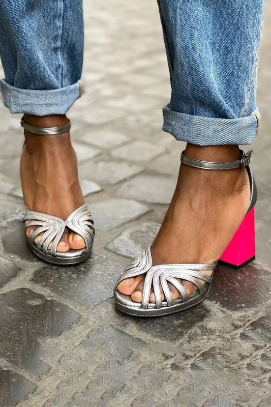 Leah2™ | Colourful Shiny Sandals with Buckle and Thick Heel