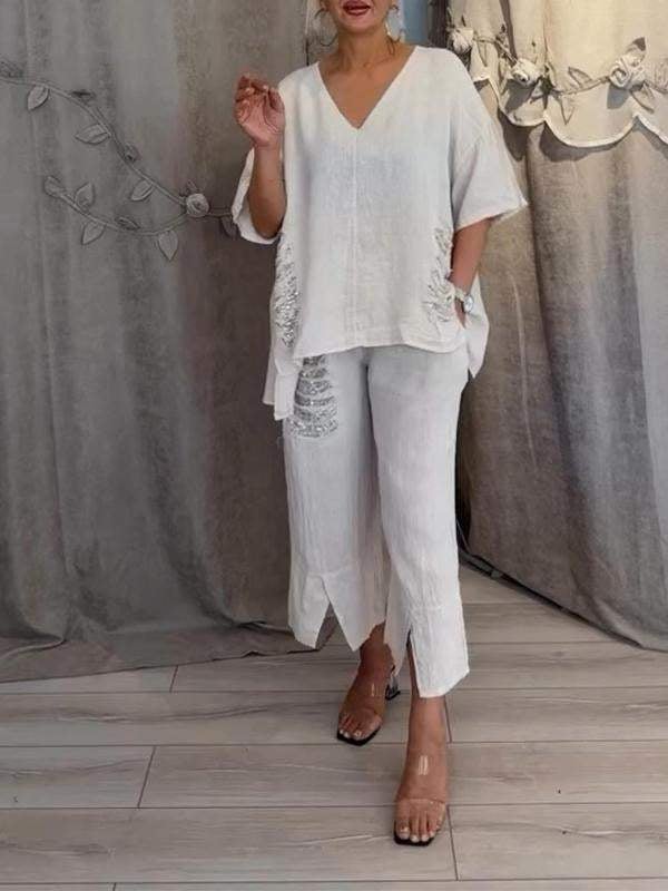 Pearl | Women's Cropped Pants & V-Neck Top Casual 2 Piece Set