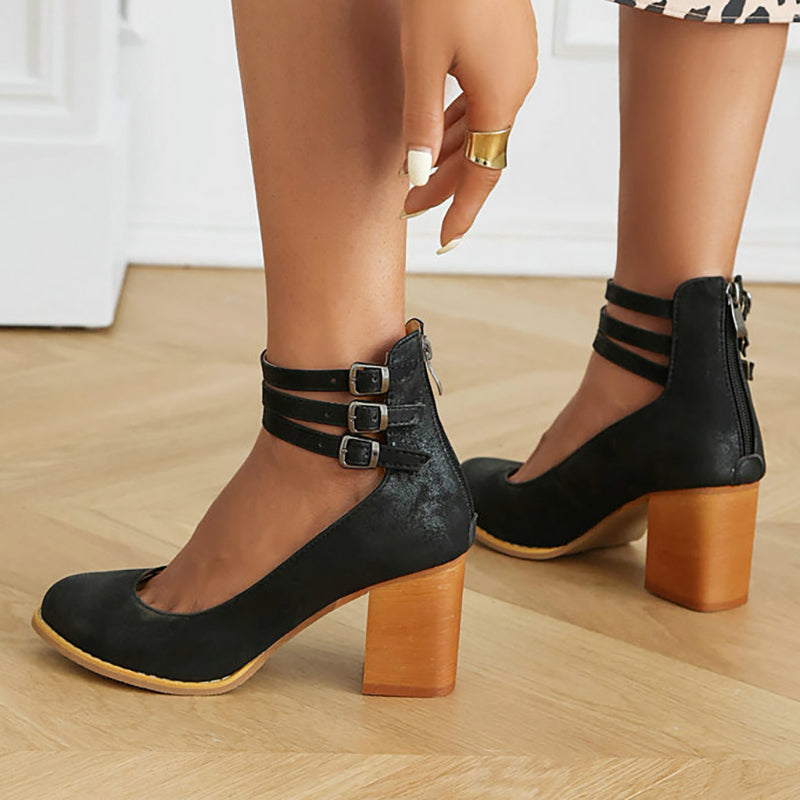 Harriet | Smooth Sandals with Ankle Strap and Thick Heel