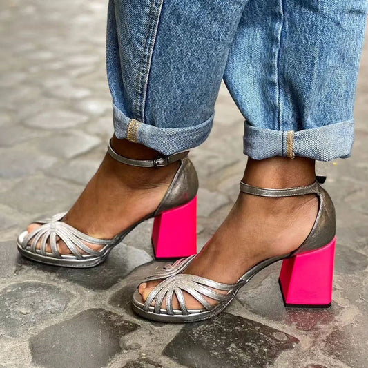 Leah2™ | Colourful Shiny Sandals with Buckle and Thick Heel