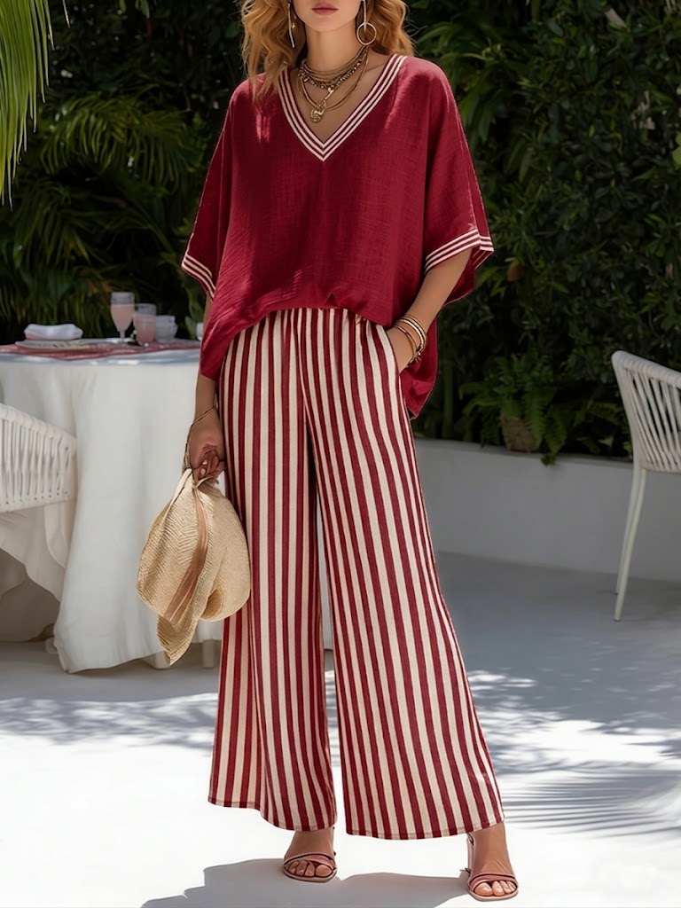 Brynn | Women's Wide Leg Pants Set V-Neck Striped Top