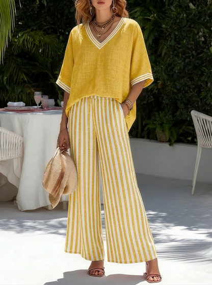 Brynn | Women's Wide Leg Pants Set V-Neck Striped Top