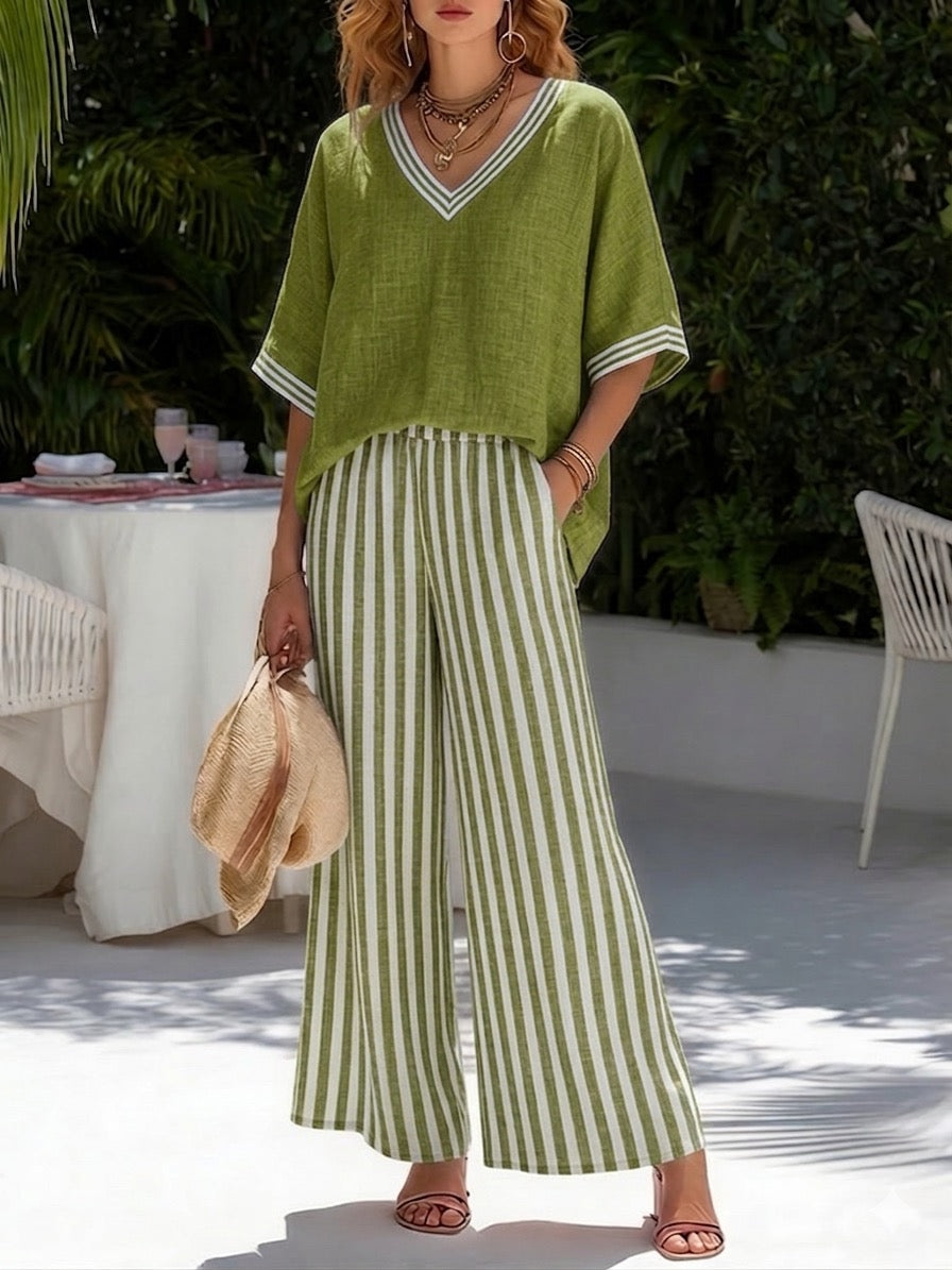 Brynn | Women's Wide Leg Pants Set V-Neck Striped Top