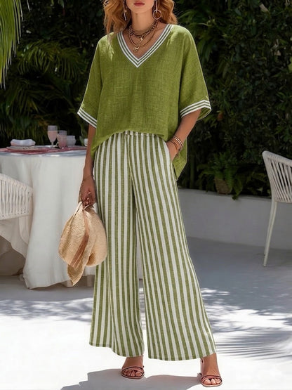Brynn | Women's Wide Leg Pants Set V-Neck Striped Top