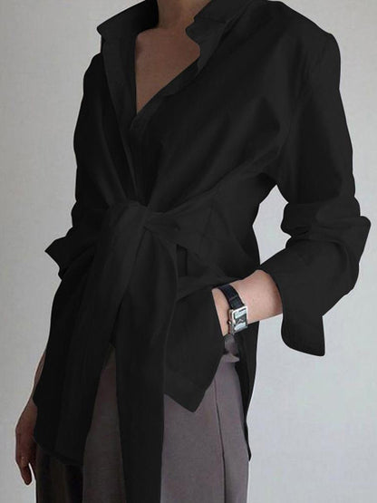 Pearl | Women's Tie Waist Button Down Long Sleeve Shirt Blouse