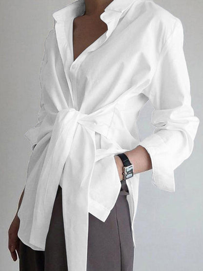 Pearl | Women's Tie Waist Button Down Long Sleeve Shirt Blouse