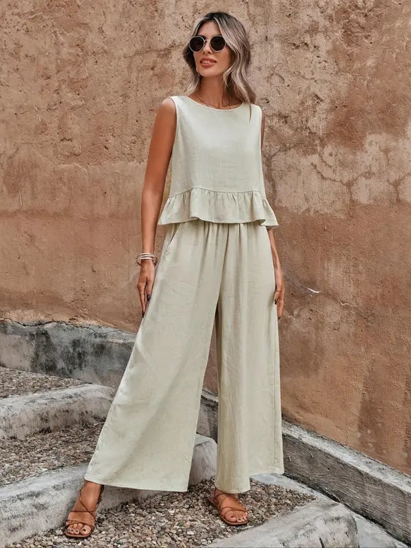 Sage | Women's Wide Leg Pants & Ruffle Sleeveless Top Set