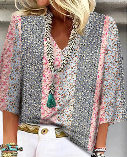 Fiona | Women's Ditsy Floral Patchwork V-Neck 3/4 Sleeve Top