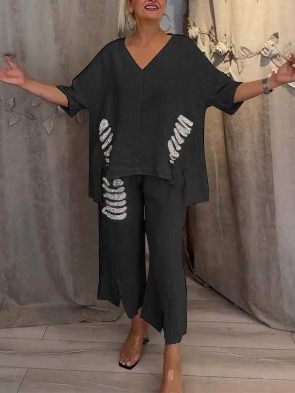 Pearl | Women's Cropped Pants & V-Neck Top Casual 2 Piece Set