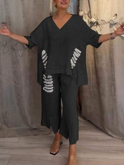 Pearl | Women's Cropped Pants & V-Neck Top Casual 2 Piece Set